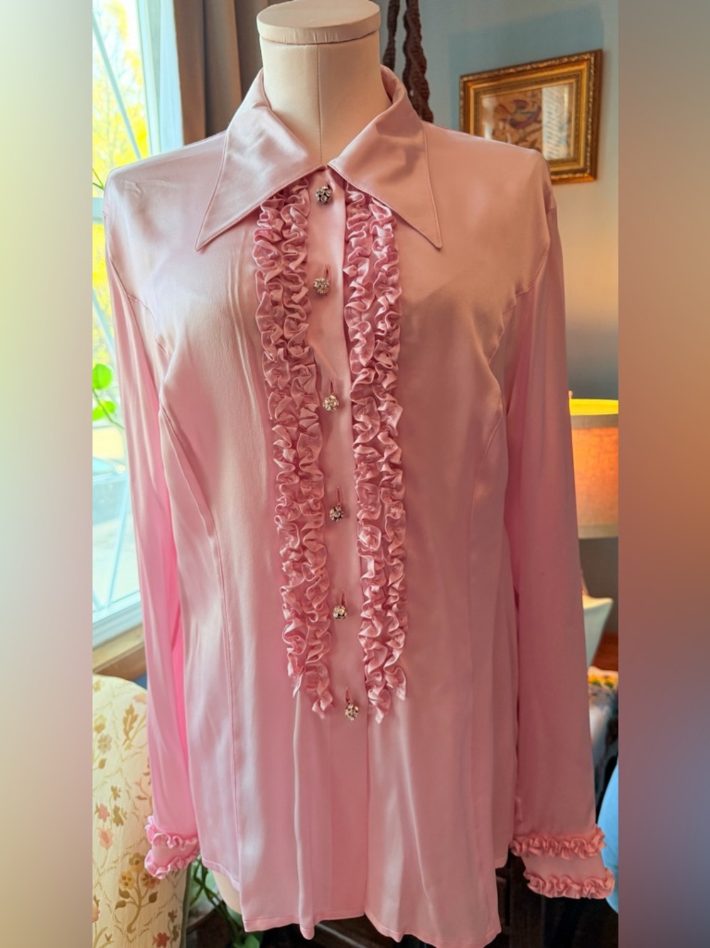 Escada Soft Light Pink silk ruffled blouse with clustered rhinestone buttons.